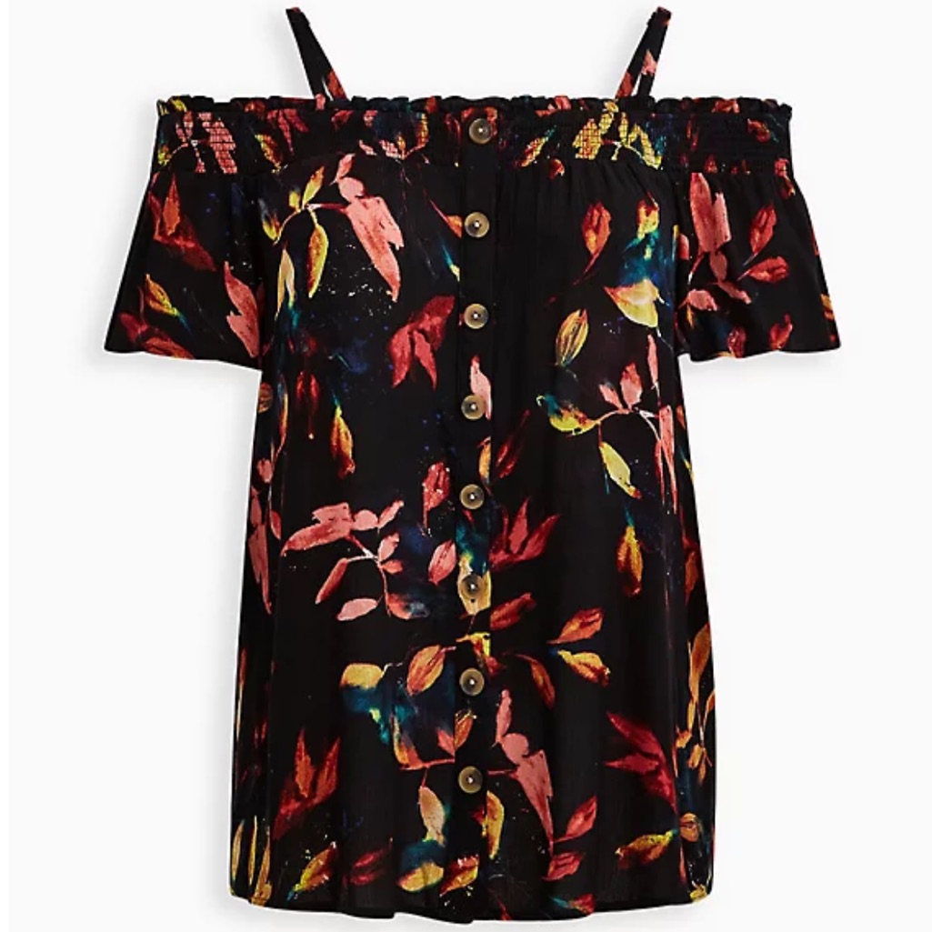 Torrid Smocked Cold-Shoulder Blouse Gauze Leaf Black Nwt